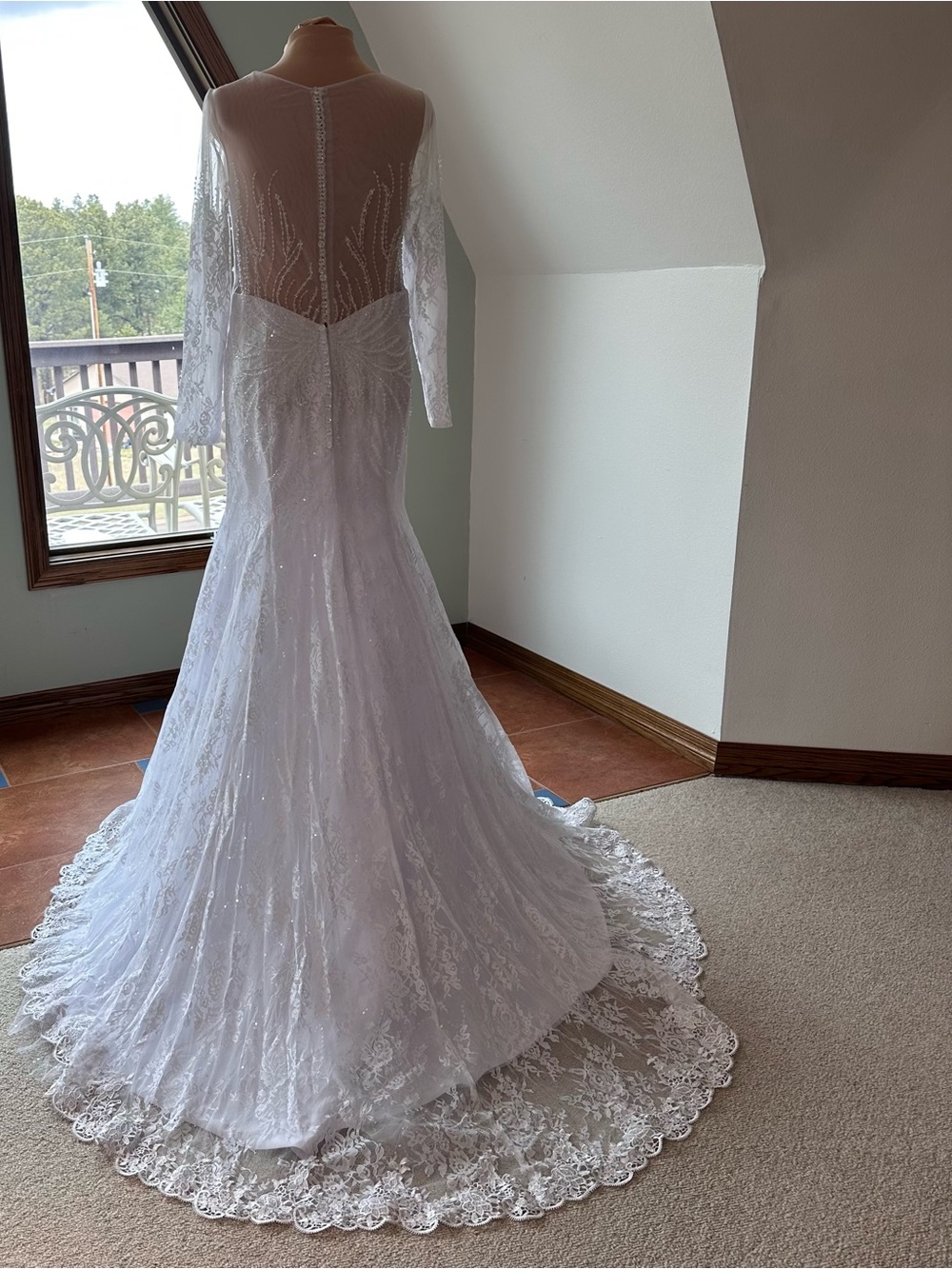 NWOT White Beaded Lace Wedding Dress Long Sleeve Mermaid Gown Sheer Back Train - Picture 7 of 14